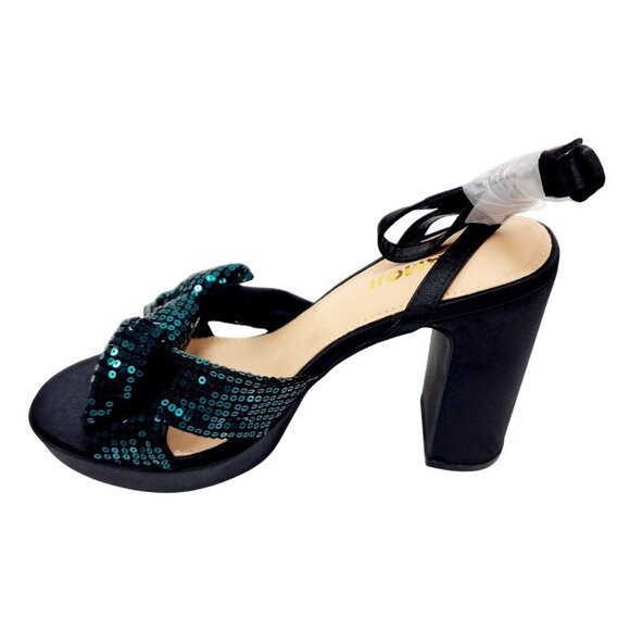 Amoji Womens Sequin Bow High Heel Sandals Black/Green Size 38 /US 8 - Picture 10 of 16